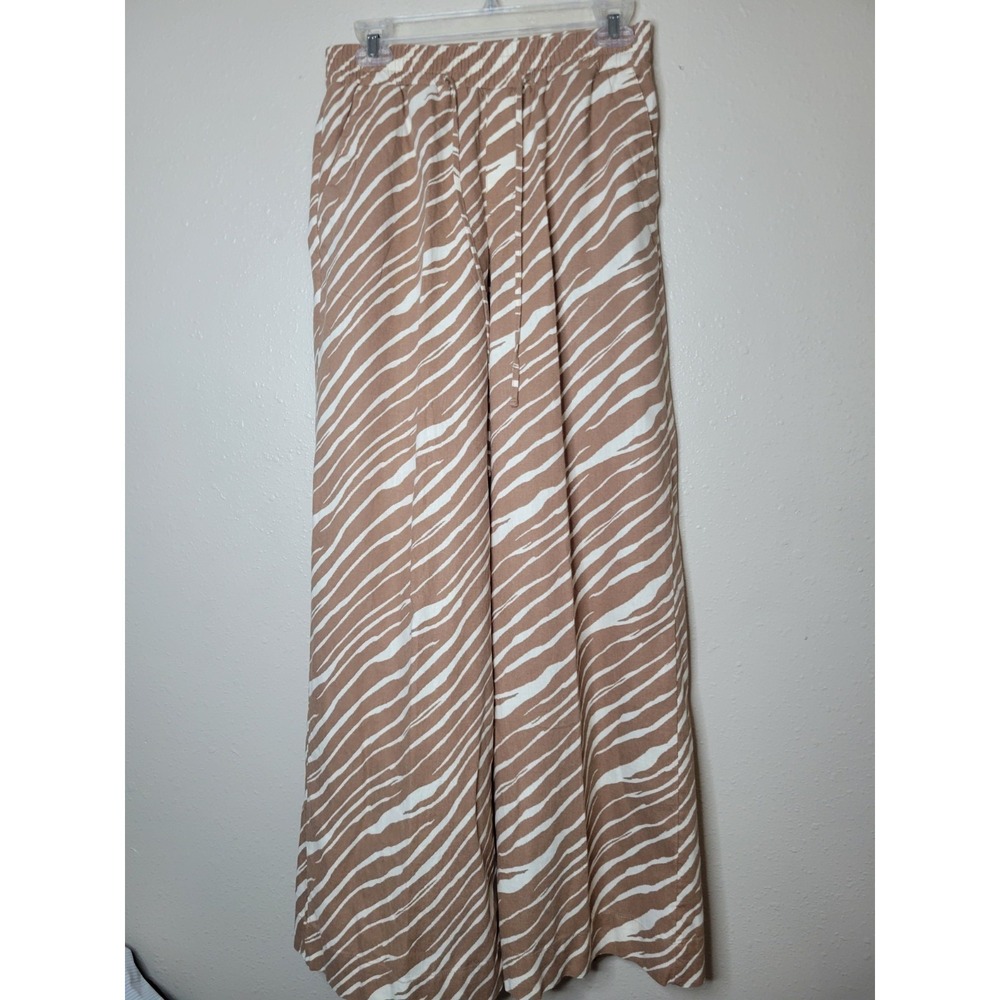 A New Day Tan Zebra Print Wide‎ Legged Linen Blend Pants Women Pockets Sz S